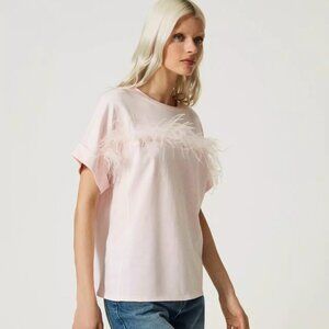 NWOT Twinset Milano Ostrich Feather Pink Jersey Top - Sz L